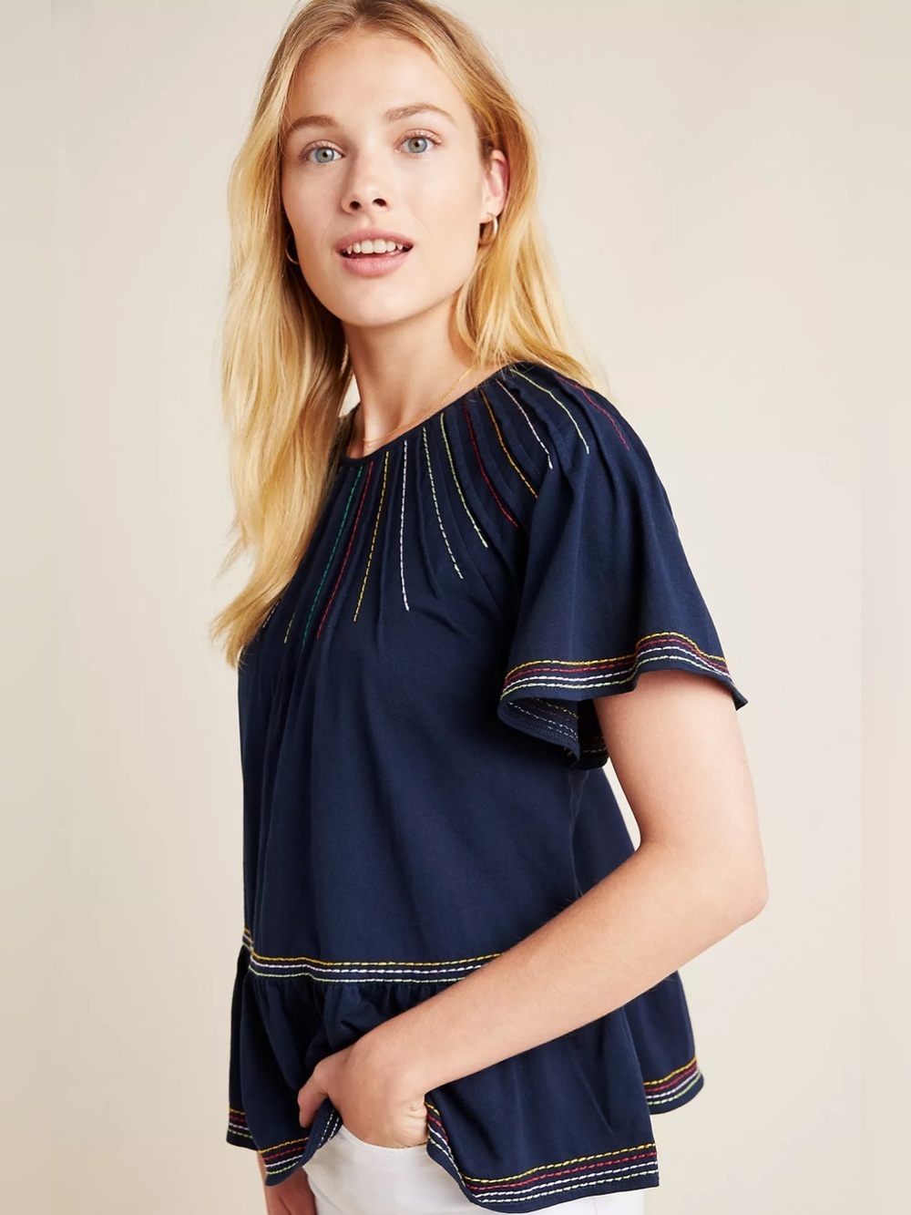 Maeve Anthropologie Navy Embroidered Peasant Blouse XS Boho - Picture 3 of 11